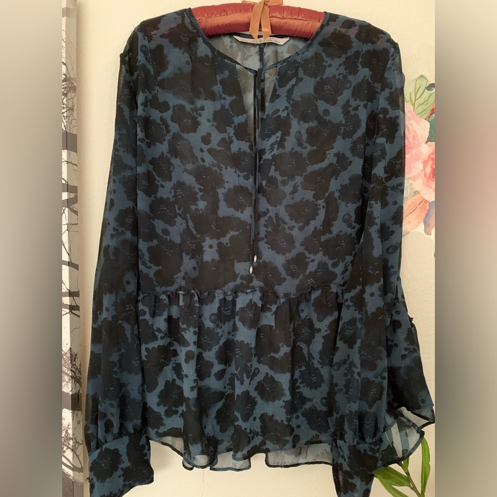 Rachel Roy Blouse, Sheer Material, Size M/L, Button Long Sleeves, Peplum